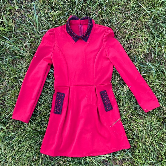 Deep Red Dress with Black Beaded Collar - Picture 1 of 5